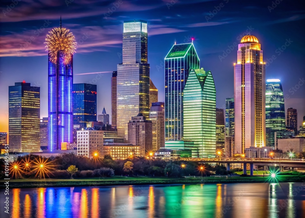 Fototapeta premium Vibrant Nighttime Skyline of Downtown Dallas, Texas Showcasing City Lights and Modern Architecture