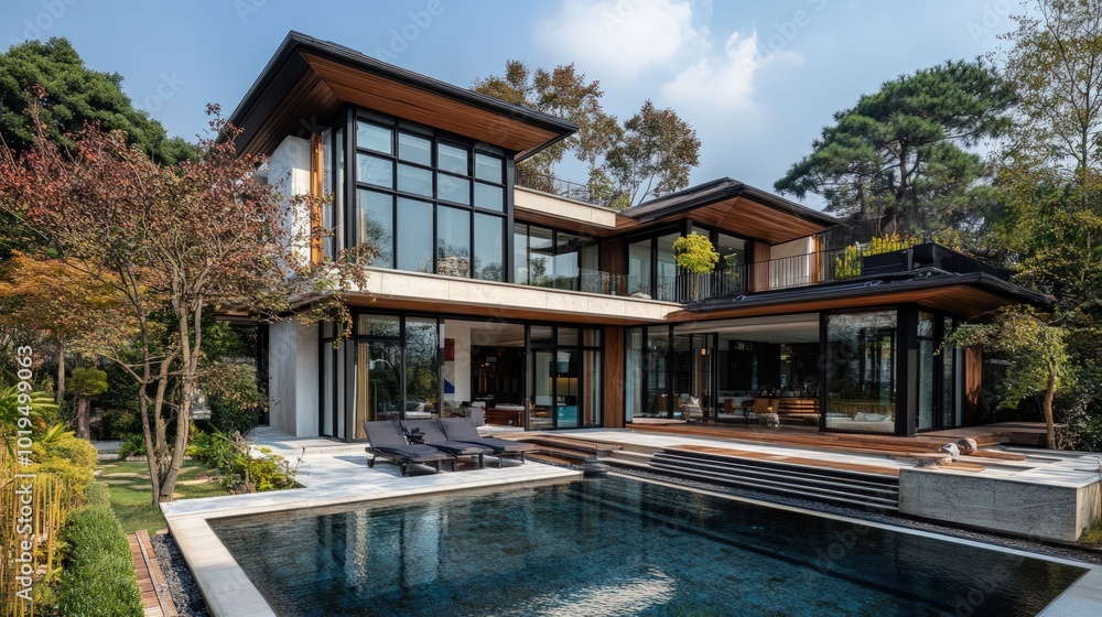 Fototapeta premium Modern home with large swimming pool and patio.