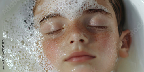 A close up of the face and eyes of a young boy sleeping in a white bathtub filled with water and thick shampoo foam on his head, generative AI