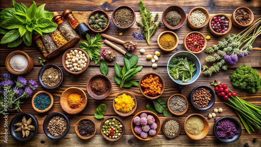 An array of colorful spices and herbs arranged on a rustic wooden surface, showcasing a symphony of flavors and aromas An array of colorful spices and herbs arranged on a rustic wooden surface, showcasing a symphony of flavors and aromas
