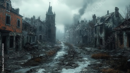 a haunting portrayal of a deserted street in a burntout city with crumbling buildings and an eerie atmosphere embodying the aftermath of destruction and evoking a sense of desolation photo