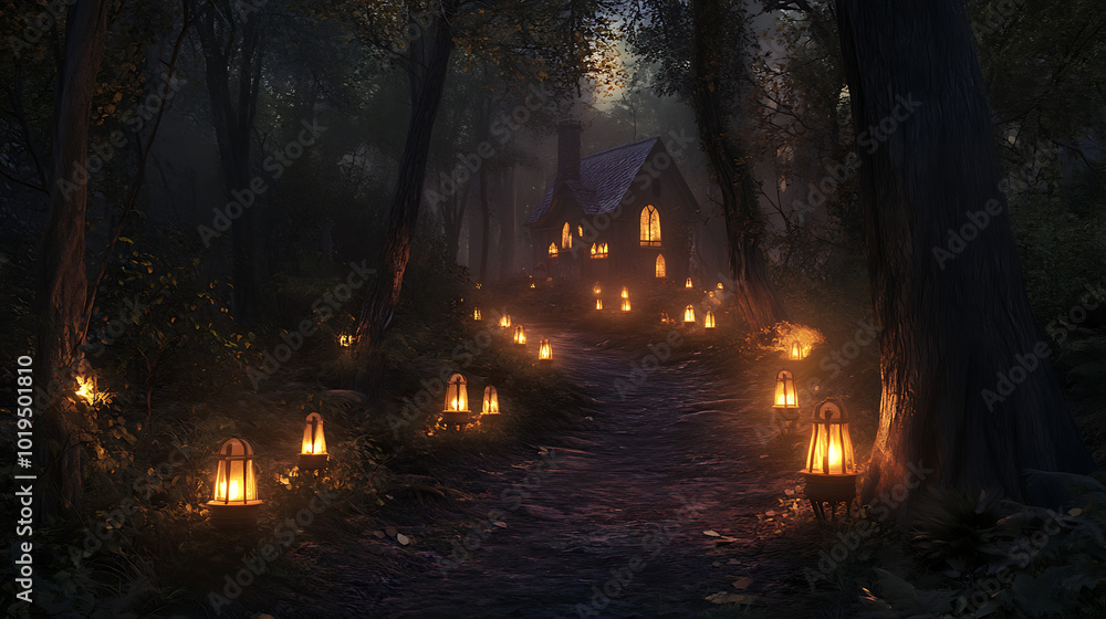 Obraz premium An enchanting forest path leading to a haunted house, lined with softly glowing lanterns that illuminate the way with a warm hue