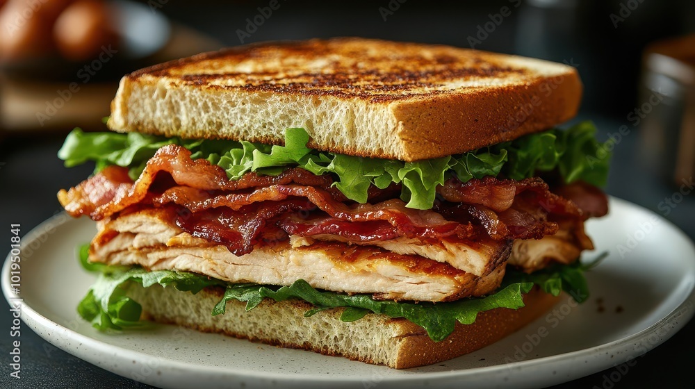 a hearty turkey sandwich layered with crispy bacon and fresh lettuce presented on a white plate showcasing culinary delight and appetizing presentation for food lovers a hearty turkey sandwich layered with crispy bacon and fresh lettuce presented on a white plate showcasing culinary delight and appetizing presentation for food lovers