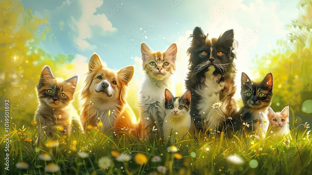 A Group of Cats and a Dog in a Sunny Meadow A Group of Cats and a Dog in a Sunny Meadow