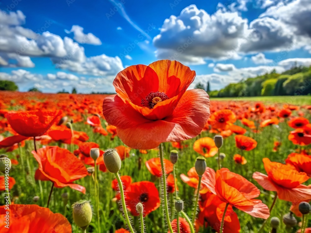 Fototapeta premium Vibrant Poppy Flower Field in Full Bloom Under a Clear Blue Sky on a Sunny Day in Springtime