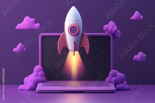 Rocket launching from laptop, colorful digital design.
