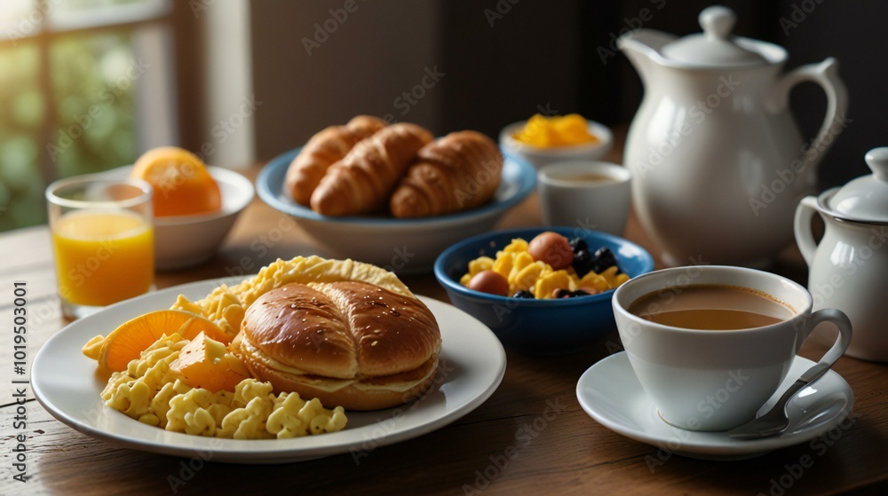 breakfast with coffee and croissant breakfast with coffee and croissant
