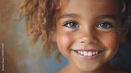 A young girl with brown eyes and curly hair smiles broadly, revealing her bright white teeth.