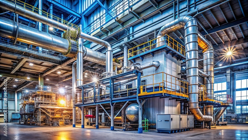 A network of pipes, catwalks, and machinery, illuminated by a spotlight, in a sprawling industrial facility A network of pipes, catwalks, and machinery, illuminated by a spotlight, in a sprawling industrial facility