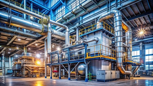 A network of pipes, catwalks, and machinery, illuminated by a spotlight, in a sprawling industrial facility