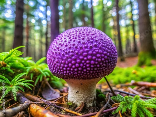 Vibrant Purple Spored Puffball Mushroom Calvatia Cyathiformis Growing in Lush Forest Setting photo