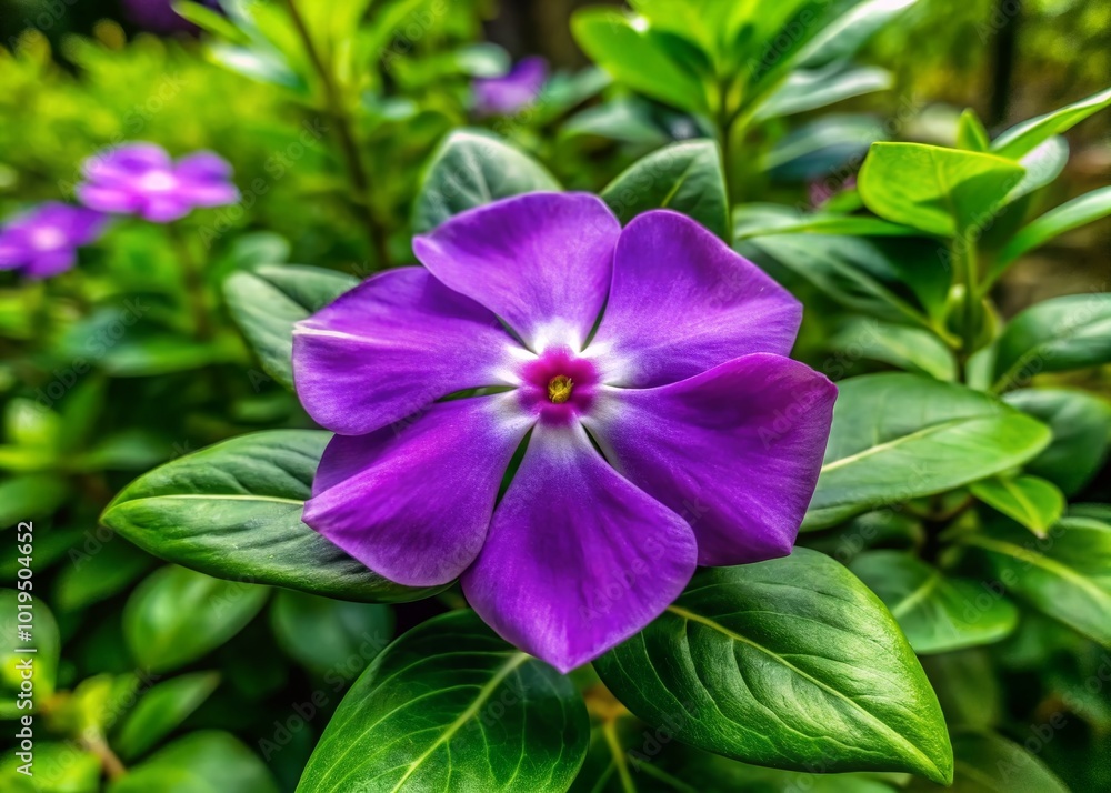Vibrant Purple Vinca Flower Blooming in a Garden Setting with Lush Green Foliage Background Vibrant Purple Vinca Flower Blooming in a Garden Setting with Lush Green Foliage Background