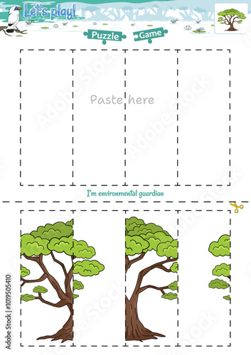 Lets play cut and paste puzzle game with Jungle theme savannah or acacia tree