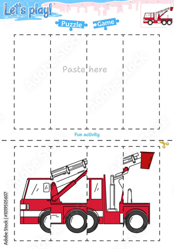 Lets play cut and paste puzzle game with transportation theme of Fire truck