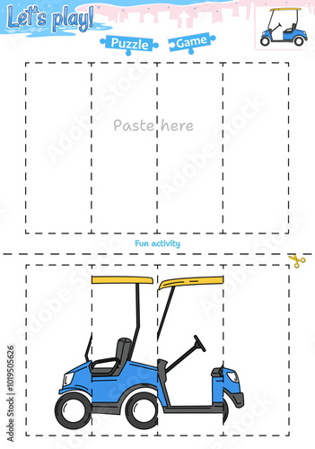 Lets play cut and paste puzzle game with transportation theme of Golf cart