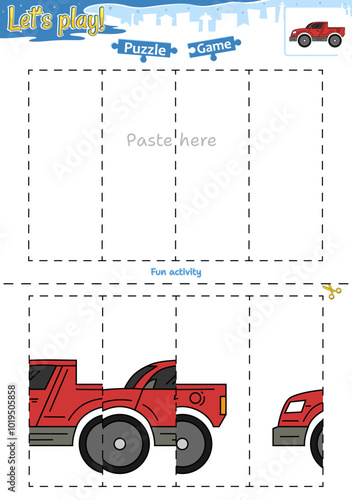 Lets play cut and paste puzzle game with transportation theme of Pickup car