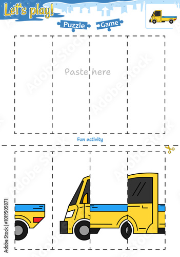 Lets play cut and paste puzzle game with transportation theme of pickup truck