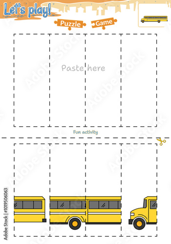 Lets play cut and paste puzzle game with transportation theme of School bus