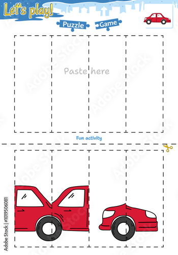 Lets play cut and paste puzzle game with transportation theme of Saloon car