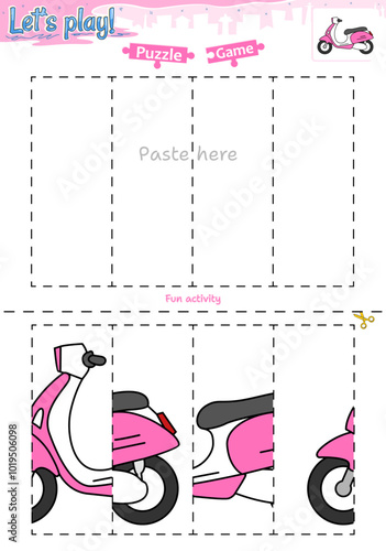 Lets play cut and paste puzzle game with transportation theme of Scooter motorcycle