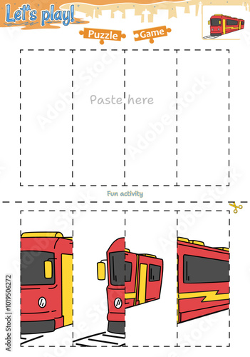 Lets play cut and paste puzzle game with transportation theme of Train
