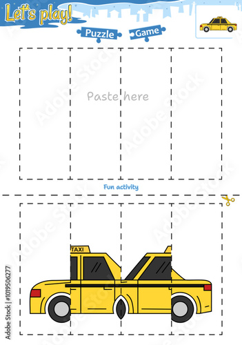 Lets play cut and paste puzzle game with transportation theme of taxi car