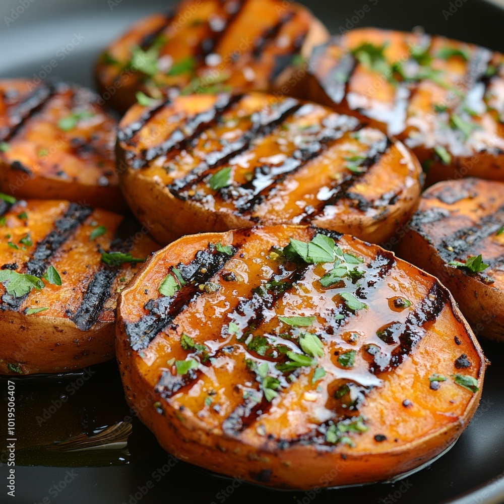 Grilled Sweet Potato Slices with Herbs and Glaze Close up Food Photography Grilled Sweet Potato Slices with Herbs and Glaze Close up Food Photography