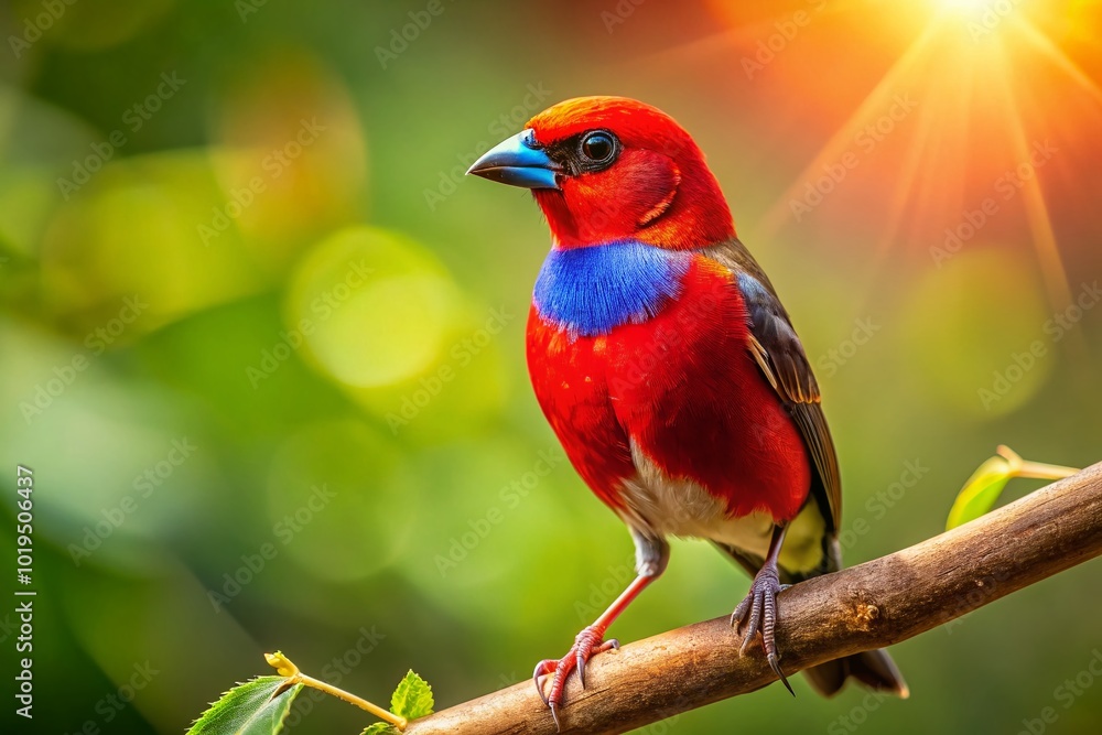 Vibrant Red Beaked Bird Perched on a Branch Against a Soft Natural Background in a Sunny Environment Vibrant Red Beaked Bird Perched on a Branch Against a Soft Natural Background in a Sunny Environment