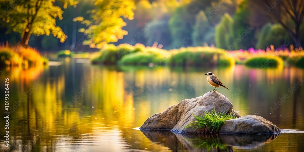 Fototapeta premium A solitary bird perched on a rock in a tranquil lake, surrounded by the gentle hues of a serene autumnal landscape.