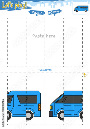 Lets play cut and paste puzzle game with transportation theme of van car