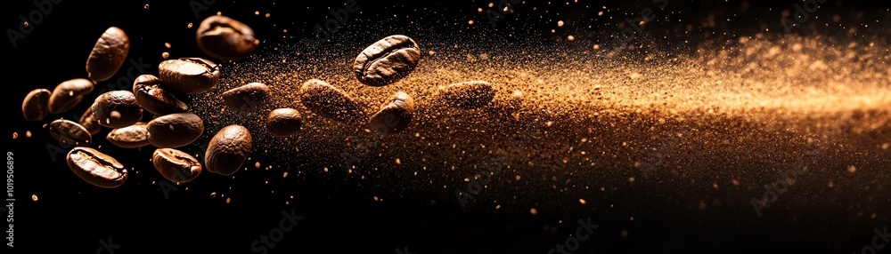 Coffee beans scattering with golden powder on a dark background Coffee beans scattering with golden powder on a dark background