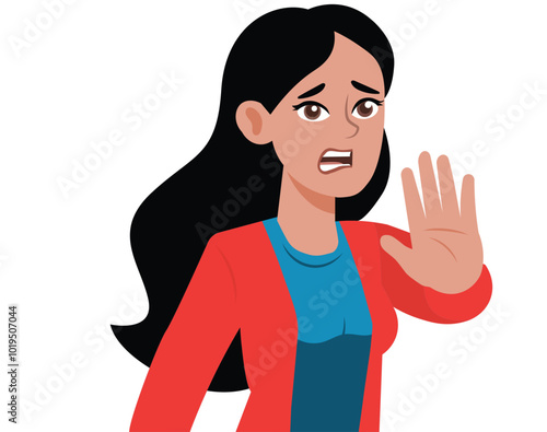young woman saying no stop with hand. Flat vector illustration white.