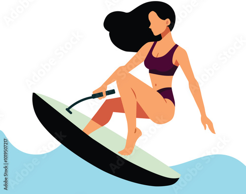 young woman Extreme water sport flat vector illustrations.