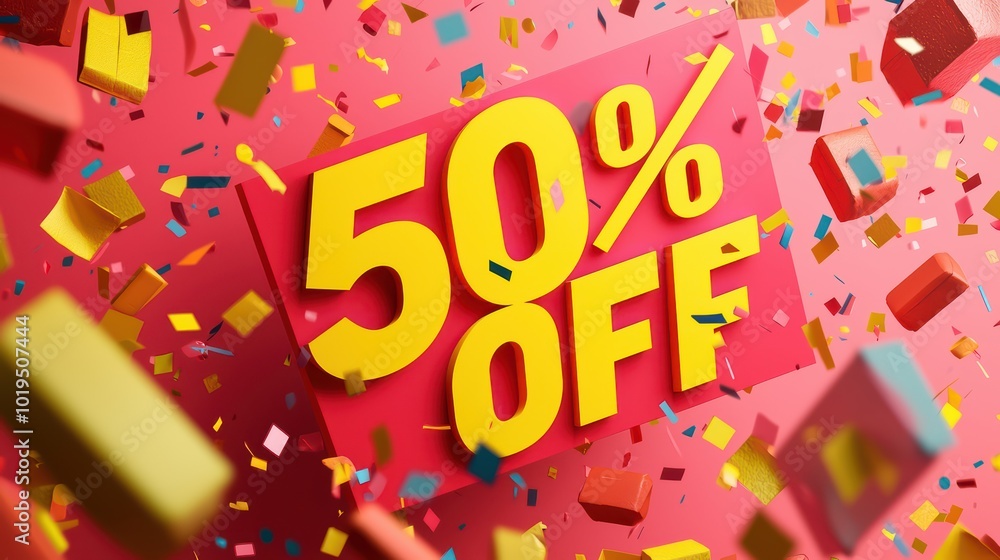 50% OFF. 50% discount sign. Bold red and yellow sale banners with large '50% OFF' text 50% OFF. 50% discount sign. Bold red and yellow sale banners with large '50% OFF' text