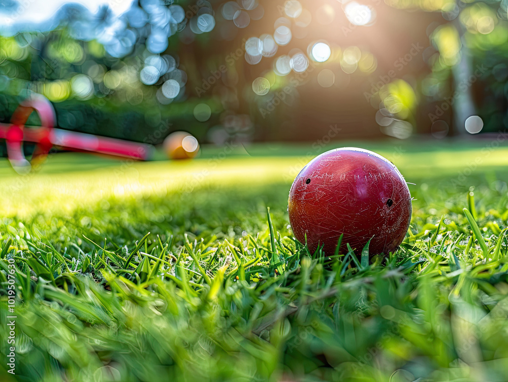 Worn red croquet ball on a trimmed lawn, faint background of hoops and mallets in early morning light.