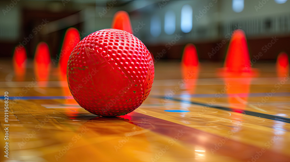 Red dodgeball with textured surface, bouncing on wooden floor, blurred, warm gym lighting.