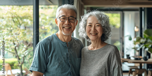 An elderly Japanese couple smiling, generative AI