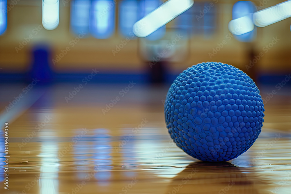 Textured blue handball rolling across polished gym floor, blurred court lines in background.