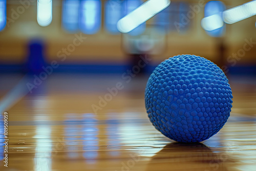 Obraz na płótnie Textured blue handball rolling across polished gym floor, blurred court lines in background. w salonie