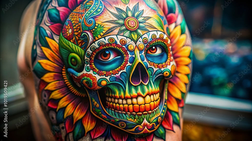 Fototapeta premium Vibrant Skull Tattoo Design Featuring Colorful Patterns and Intricate Details for Body Art Inspiration