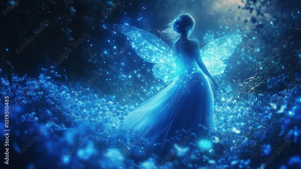Fototapeta premium A glowing figure with butterfly wings stands in a magical, illuminated forest.
