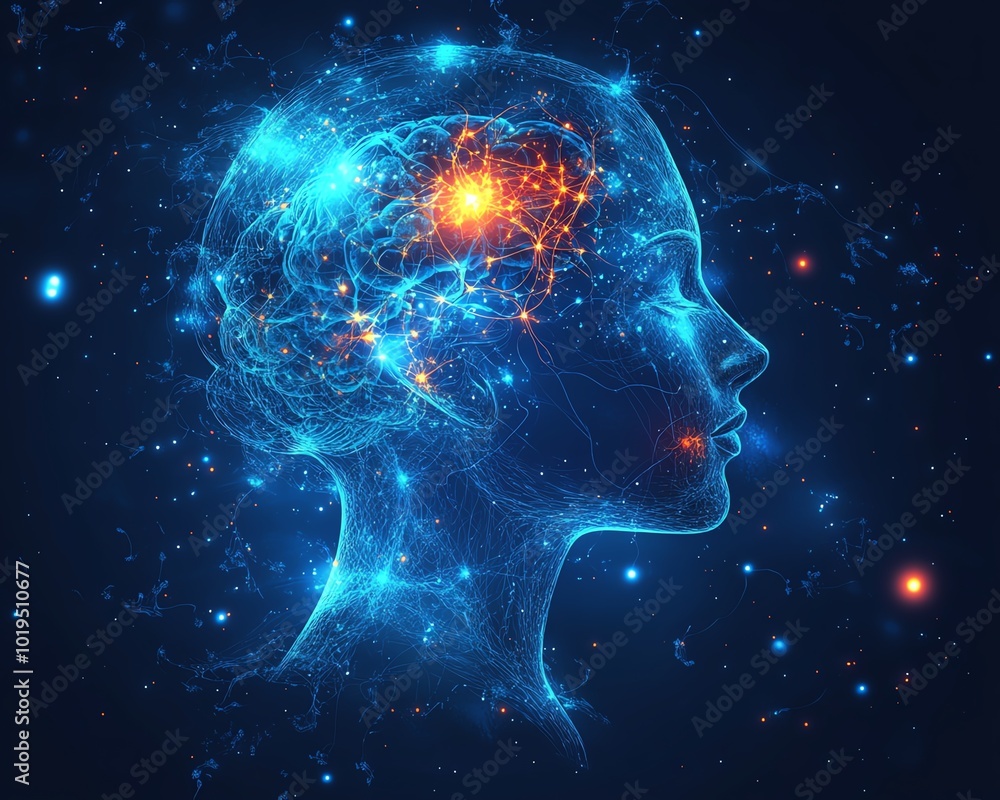 Abstract representation of a human brain with glowing neurons. Abstract representation of a human brain with glowing neurons.