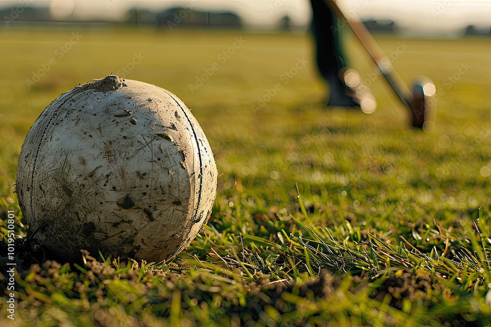 White polo ball with scuffs, resting on grassy field, blurred mallet and horse hooves in background.