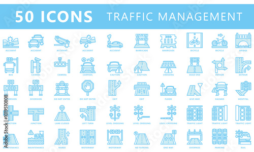 Traffic management dual tone blue color icons set. contain accident, barricade, road closing, junction, traffic light and more. Vector EPS 10 for UI or UX kit, web and app, construction, environment
