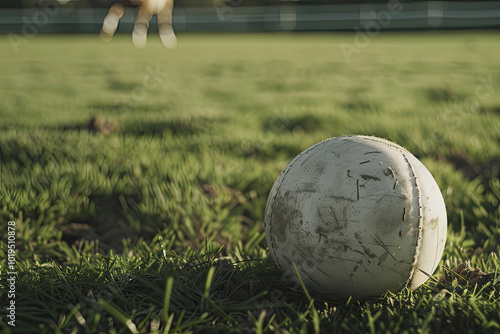 Obraz na płótnie Scuffed polo ball on grass, dirt patches around it, blurred mallet and horse hooves suggesting action. w salonie