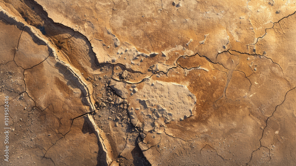 Obraz premium Dry cracked earth texture with golden brown earthy tones and natural patterns