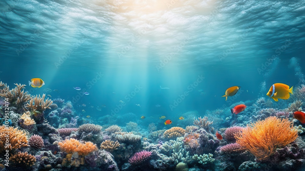 Fototapeta premium Vibrant underwater scene with colorful coral reefs and exotic fish
