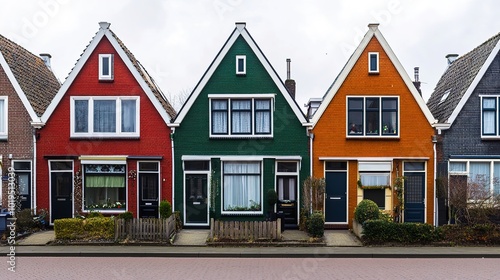Charming Dutch houses in a row with vibrant colors and detailed brickwork, adorned with festive Christmas decorations. The scene captures the essence of holiday cheer and traditional architecture, 