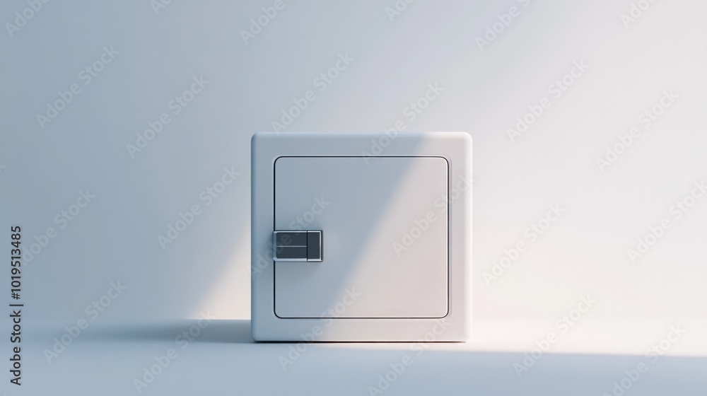 A white safe with a silver handle in a white room with sunlight hitting the side of the safe. A white safe with a silver handle in a white room with sunlight hitting the side of the safe.