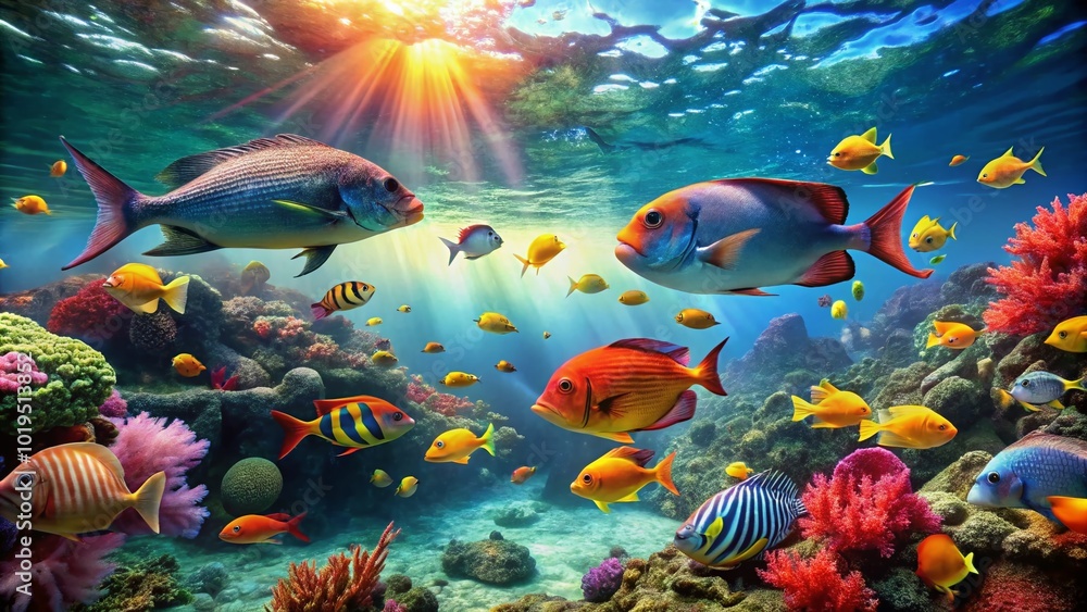 Fototapeta Vibrant Underwater Scene of Fish Swimming in a Mythical Atlantis Inspired Oceanic Landscape